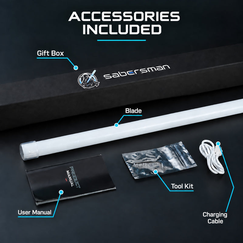Accessories included: gift box, blade, tool kit, user manual, USB charging cable — Sabersman basic lightsaber package