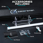 Accessories included: gift box, blade, tool kit, user manual, USB charging cable, and saber stand — Sabersman premium lightsaber package