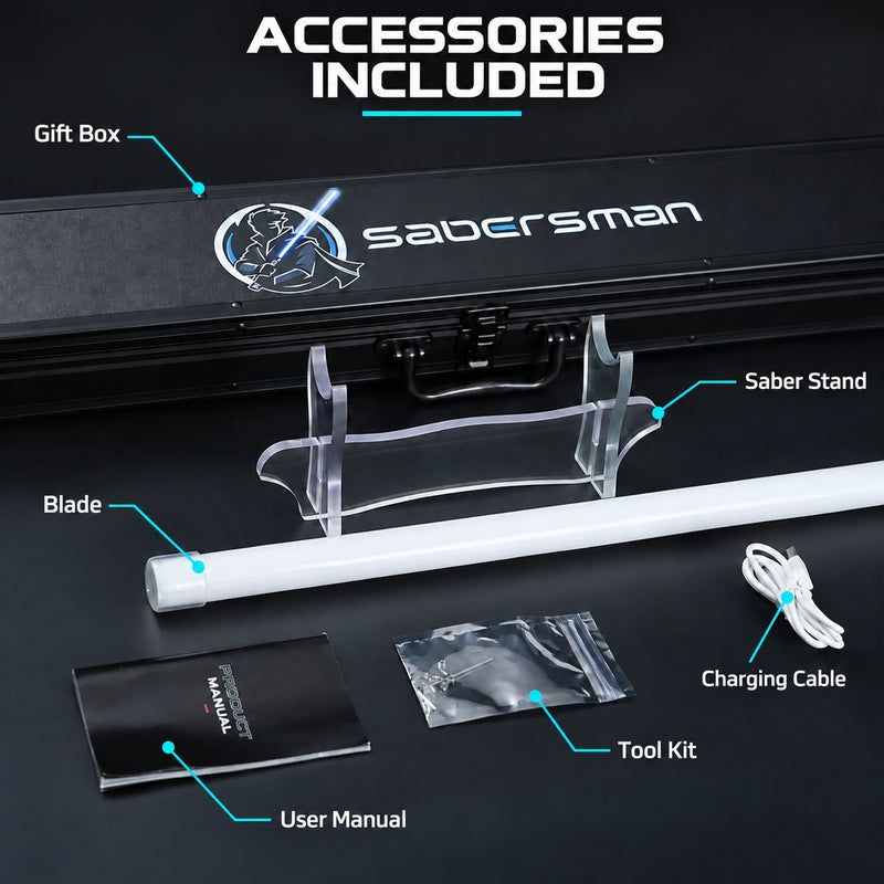 Accessories included: gift box, blade, tool kit, user manual, USB charging cable, and saber stand — Sabersman premium lightsaber package