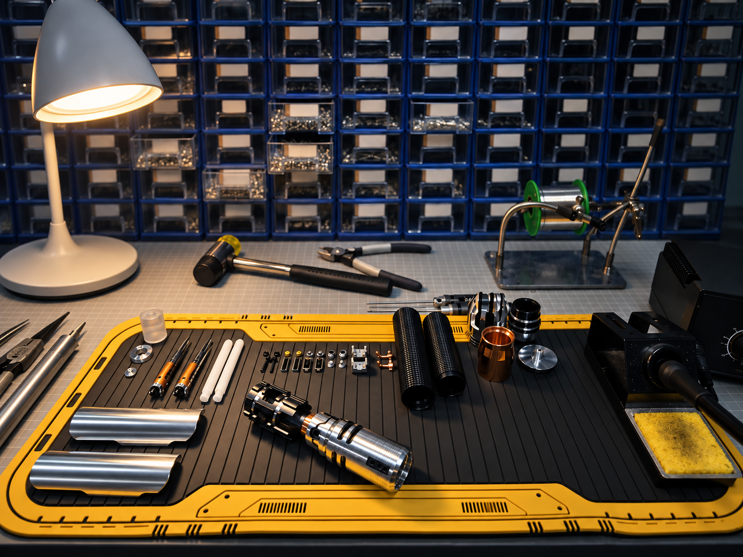 Saber components and assembly tools arranged on a controlled workbench