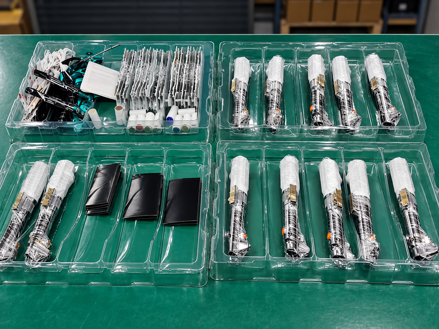 Assembled products organized in trays for function checks